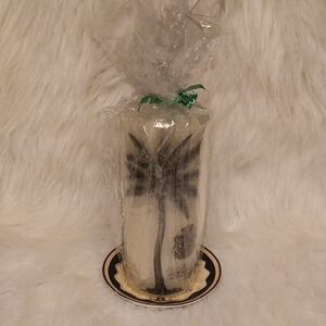 Palm Tree Decorative Pillar Candle And Dish White and Brown